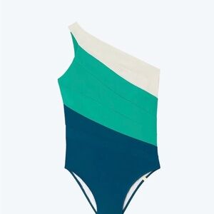 One-Shoulder Colorblock Swimsuit in White, Teal & Navy- Never been worn!